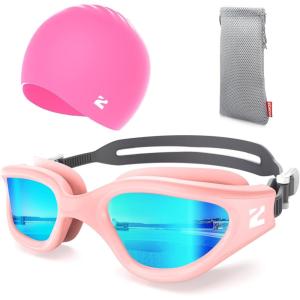 ZIONOR G1 Lite Swim Goggles with Swim Cap Comfortable Anti-fog Swimming Goggles Cap Set for Adult Men Women(A9(pink-gold+c5 Rose-red))