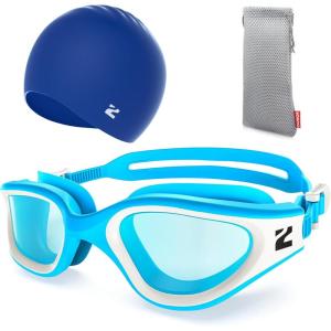 ZIONOR G1 Lite Swim Goggles with Swim Cap Comfortable Anti-fog Swimming Goggles Cap Set for Adult Men Women(B0(blue-white+c5 Blue))