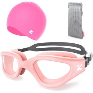 ZIONOR G1 Lite Swim Goggles with Swim Cap Comfortable Anti-fog Swimming Goggles Cap Set for Adult Men Women(B5(pink-clear+c5 Pink))
