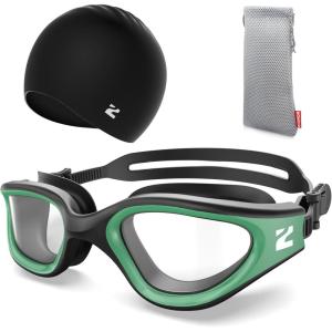 ZIONOR G1 Lite Swim Goggles with Swim Cap Comfortable Anti-fog Swimming Goggles Cap Set for Adult Men Women(B7(green-clear+c5 Black))
