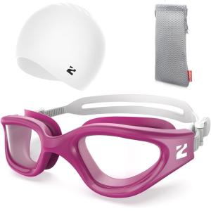 ZIONOR G1 Lite Swim Goggles with Swim Cap Comfortable Anti-fog Swimming Goggles Cap Set for Adult Men Women(B8(redwine+c5 White))