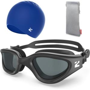 ZIONOR G1 Lite Swim Goggles with Swim Cap Comfortable Anti-fog Swimming Goggles Cap Set for Adult Men Women(C0(allblack-smoke+c5 Blue))
