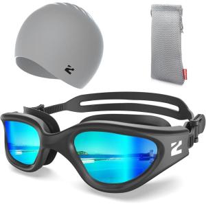 ZIONOR G1 Lite Swim Goggles with Swim Cap Comfortable Anti-fog Swimming Goggles Cap Set for Adult Men Women(C3(allblack+c5 Grey))
