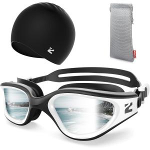 ZIONOR G1 Lite Swim Goggles with Swim Cap Comfortable Anti-fog Swimming Goggles Cap Set for Adult Men Women(C6(blackwhite-silver+c5 Black))