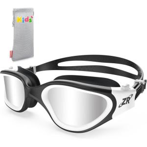 ZIONOR Kids Swim Goggles, G1 MINI UV Protection Anti-Fog Polarized Swimming Goggles for Age 6-14(B0(mirrored Silver Lens + Blackwhite Frame))