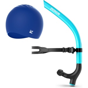 ZIONOR Swim Snorkel for Lap Swimming with Swim Cap, Snorkeling Gear for Adults, Swimming Training in Pool, Open Water(Green + Blue Cap)