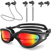 ZIONOR G1 Lite Polarized Swimming Goggles with 3 Pairs Earplugs, Anti-Fog UV Protection Swim Goggle for Adult Men Women Youth(A5（allblack-red+e3-bk）)