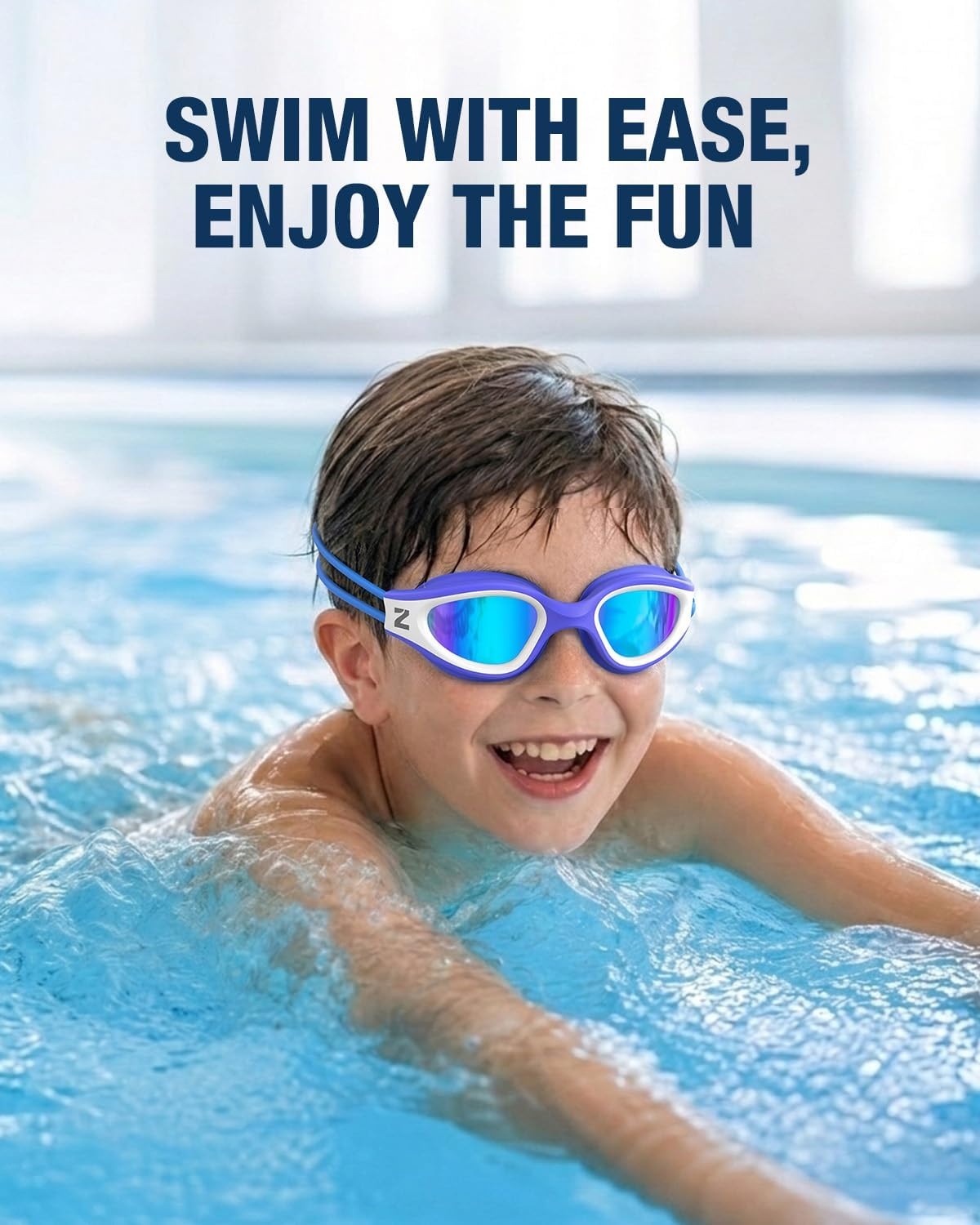 image:imageZIONOR Kids Swim Goggles with Bungee Strap G1mini Go Crystal Lens AntiFog Comfortable Kids Goggles for Swimming Age 38A2bluewhite Frame Blue Lens
