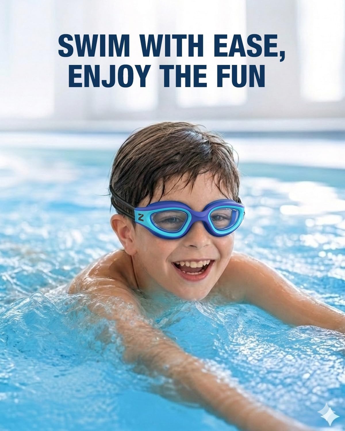 image:imageZIONOR Kids Swim Goggles with Bungee Strap G1mini Go Crystal Lens AntiFog Comfortable Kids Goggles for Swimming Age 38A7blue Frame Clear Lens