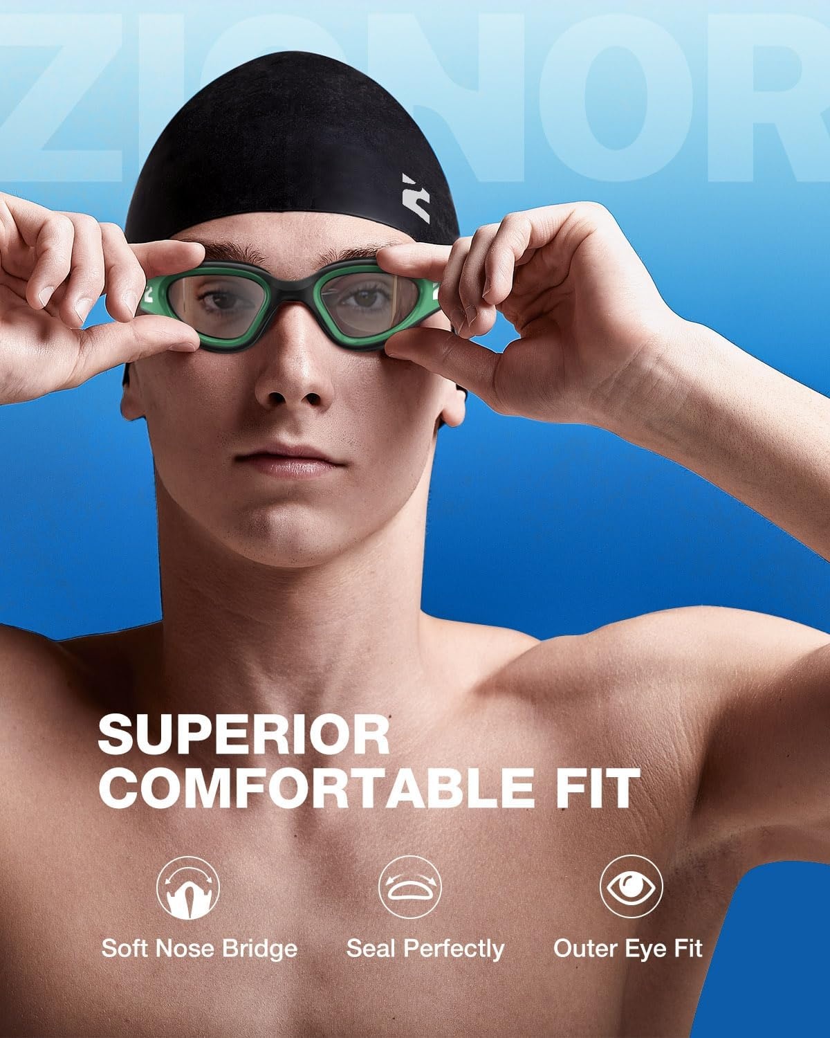image:imageZIONOR Swim Goggles Adult G1 Air Mirrored AntiFog Swimming Goggles for Women Men Clear Vision UV ProtectionA4 Green Frame Clear Lens
