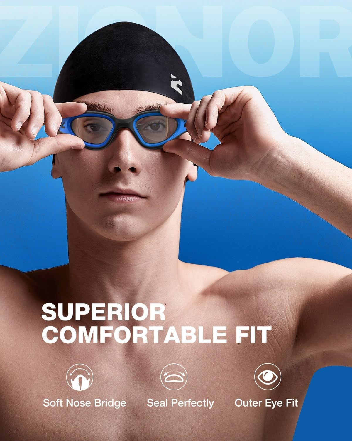 image:imageZIONOR Swim Goggles Adult G1 Air Mirrored AntiFog Swimming Goggles for Women Men Clear Vision UV ProtectionA5 Blue Frame Clear Lens