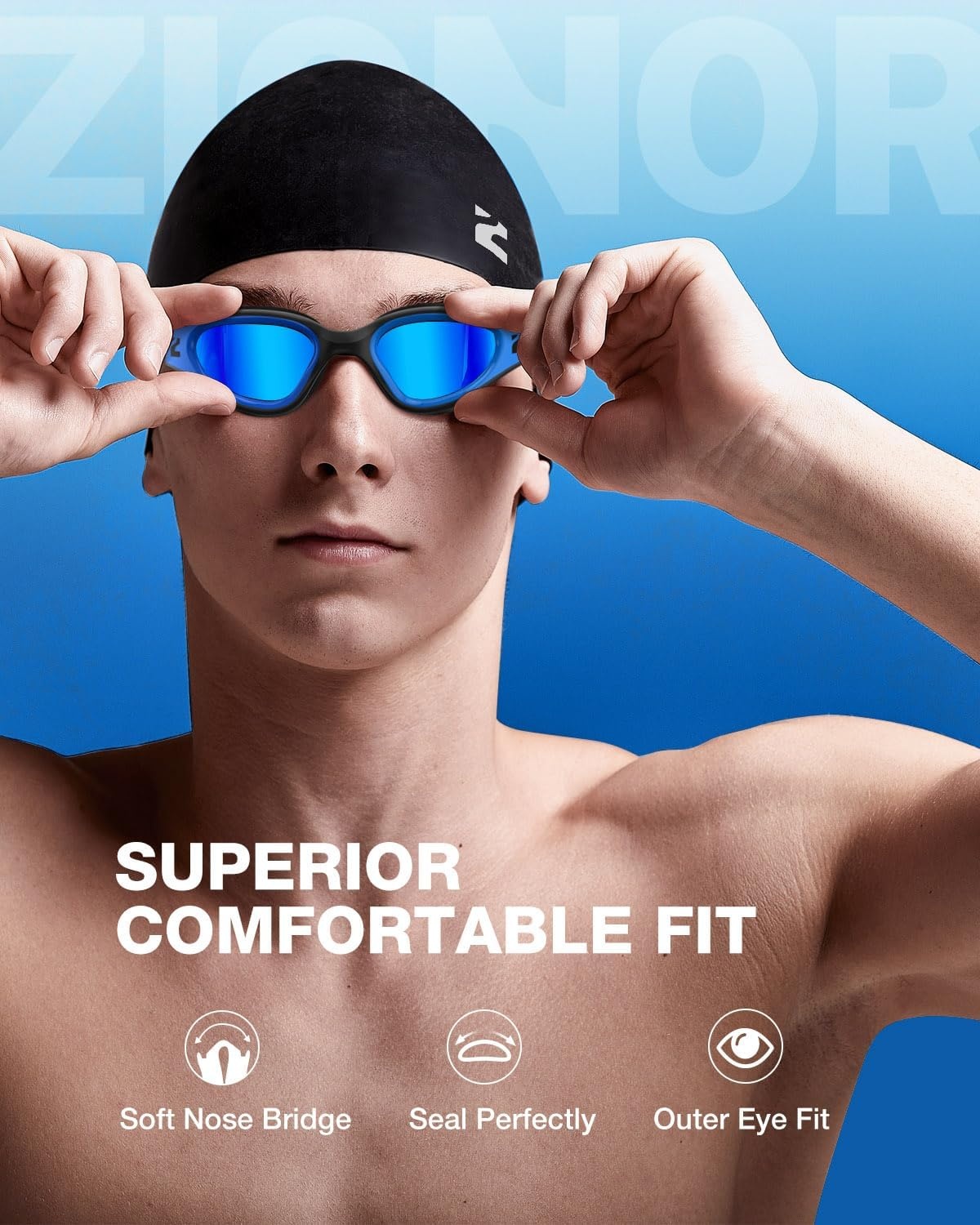 image:imageZIONOR Swim Goggles Adult G1 Air Mirrored AntiFog Swimming Goggles for Women Men Clear Vision UV ProtectionA8 Black Blue Frame Blue Lens