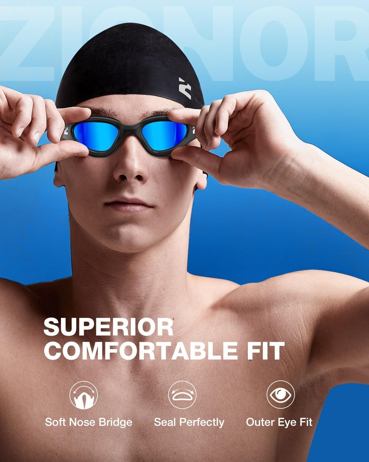 image:imageZIONOR Swim Goggles Adult G1 Air Mirrored AntiFog Swimming Goggles for Women Men Clear Vision UV ProtectionB4 Black Frame Blue Lens
