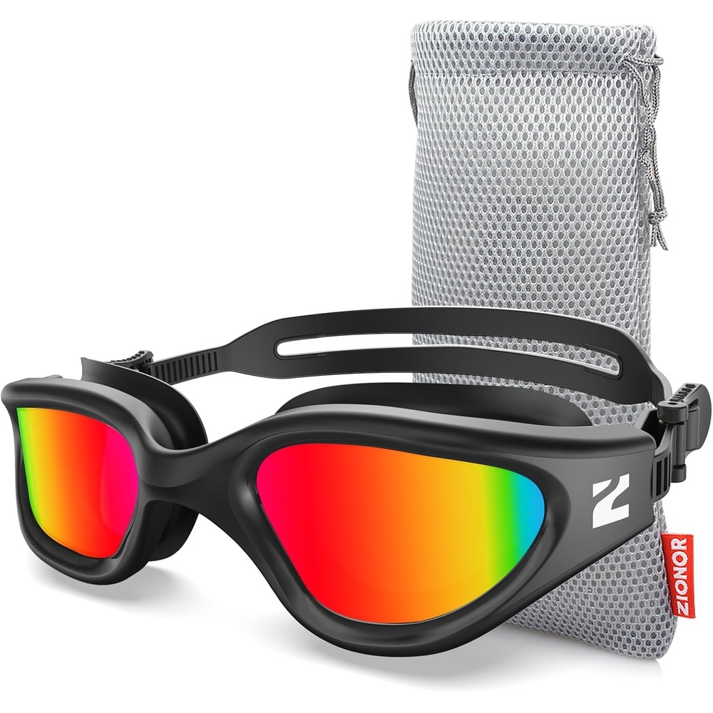 image:imageZIONOR Swim Goggles Adult G1 Air Mirrored AntiFog Swimming Goggles for Women Men Clear Vision UV ProtectionB2  Black Frame Red Lens