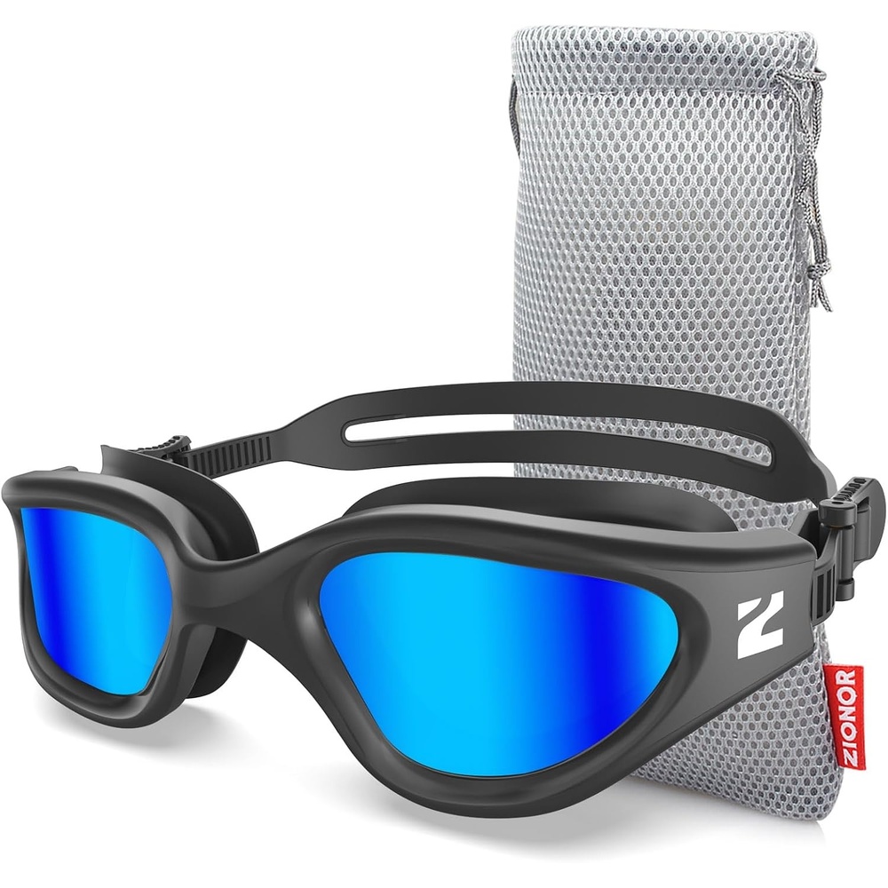 image:imageZIONOR Swim Goggles Adult G1 Air Mirrored AntiFog Swimming Goggles for Women Men Clear Vision UV ProtectionB4  Black Frame Blue Lens