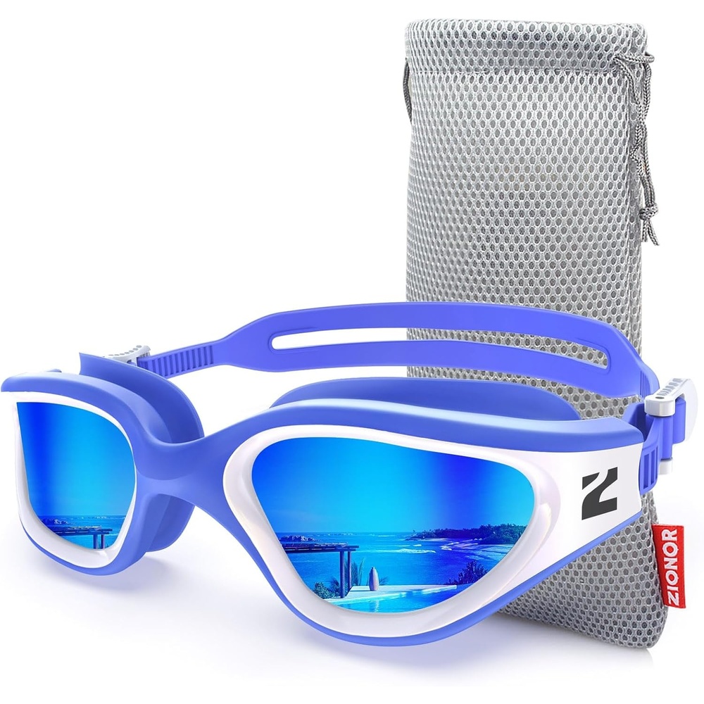 image:imageZIONOR Swim Goggles Adult G1 Air Polarized AntiFog Swimming Goggles for Women Men Soft Silicone Strap OutdoorA9 Blue White Frame Blue Lens