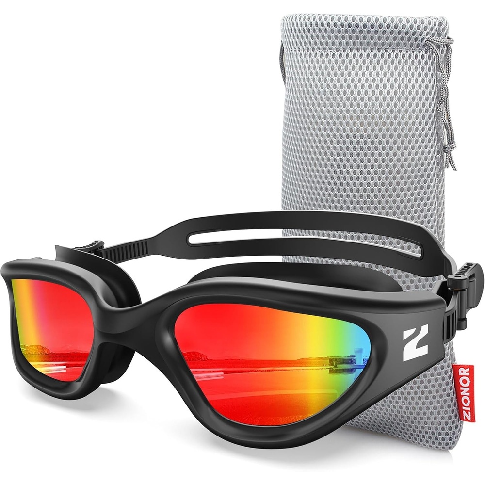 image:imageZIONOR Swim Goggles Adult G1 Air Polarized AntiFog Swimming Goggles for Women Men Soft Silicone Strap OutdoorB1  Black Frame Red Lens